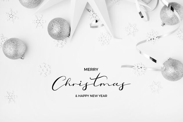 Flatlay圣诞快乐 新年快乐 白色优雅背景上有银色色调的绿色调极简新年背景