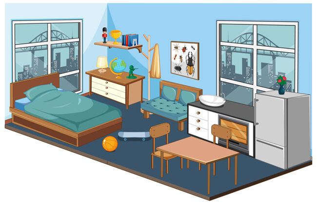 卧室卧室内部有蓝色主题的家具和装饰元素桌子城市城镇