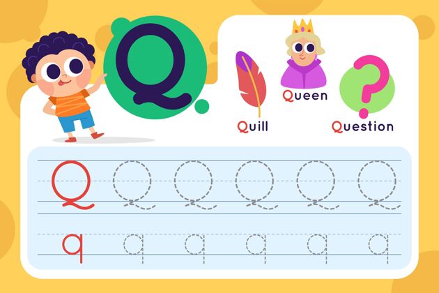 平面设计带羽毛笔和皇后的字母q工作表学习模板设计