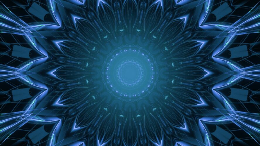花闪亮的蓝色霓虹灯花形装饰照明的抽象未来背景设计的三维插图艺术几何未来