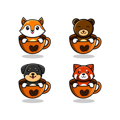 熊可爱的咖啡杯卡通动物 平面卡通风格插画咖啡杯子可爱