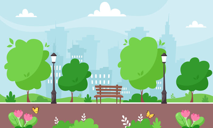 木制长凳春天城市公园城市景观草城镇树