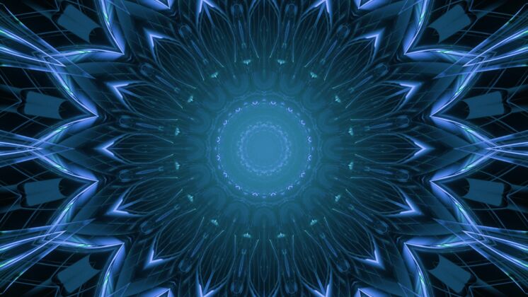 花闪亮的蓝色霓虹灯花形装饰照明的抽象未来背景设计的三维插图艺术几何未来