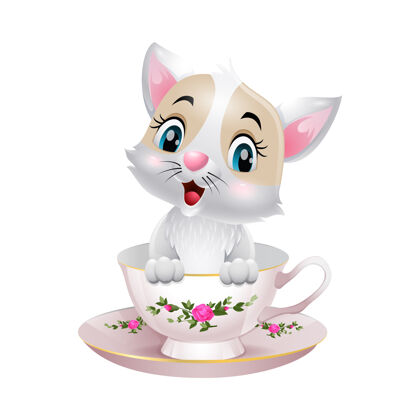 猫可爱的小猫卡通坐在杯子里咖啡动物花