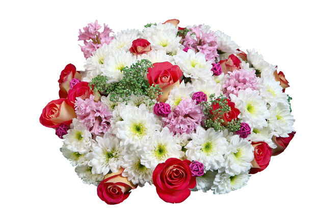花插花 白菊花和红玫瑰的花束孤立在白色背景上花束花束