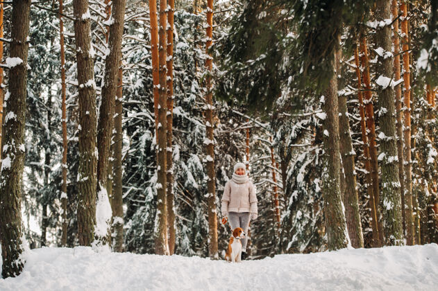 雪堆冬天的一天 一个女人和她的宠物狗小猎犬在冬天的森林里玩耍冬装游戏男人