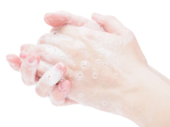 消毒在白色背景上用防腐剂洗手 特写肥皂泡沫医疗
