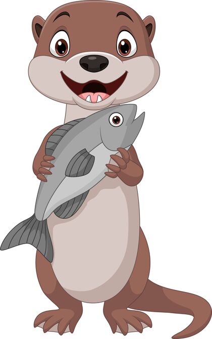 年轻卡通微笑水獭拿着鱼可爱海狸啮齿动物