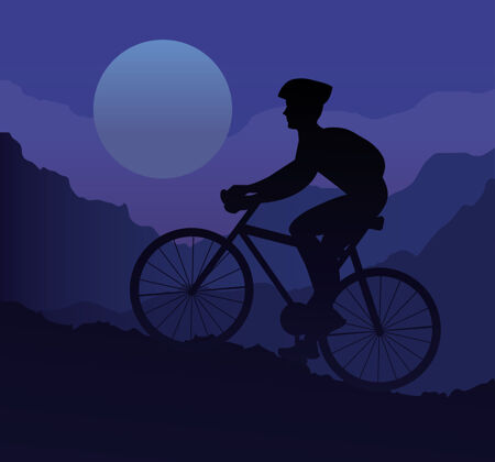 野营运动员骑自行车运动剪影在山区插画设计夜晚风景生活方式