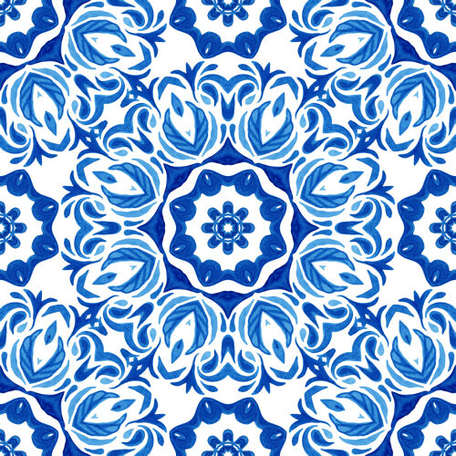 绘画无缝装饰水彩纹理锦缎复古无缝图案从蓝色和白色的东方瓷砖 装饰品文艺复兴图形东方