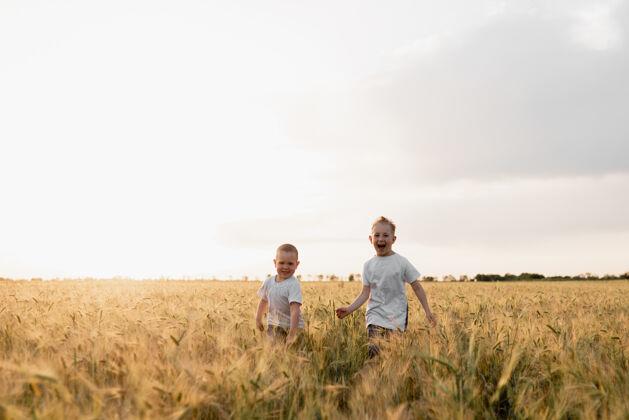 兄弟两个小男孩在春天的田野上奔跑 一起玩得很开心自然活跃爱