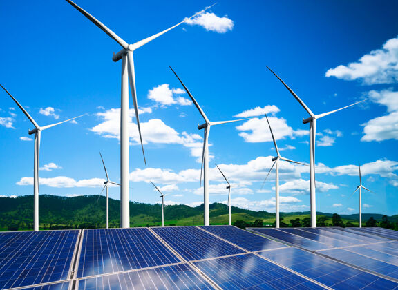 生态太阳能电池板 光伏电池和风力发电机组在自然景观中的应用清洁太阳能电池鸟瞰