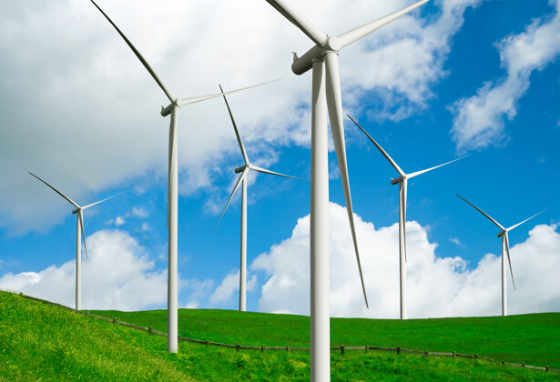 风能风电场发电机组在美丽的自然景观中生产可再生能源保护农场绿色能源