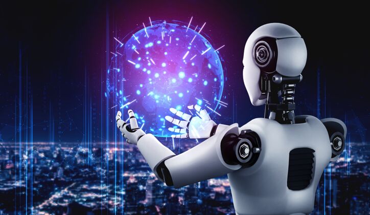 地球Ai仿人机器人手持全息屏展示全球通讯理念网络科学5g