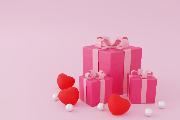 季节粉色背景上的粉色礼品盒或礼品盒 valentineconcept.3d渲染惊喜盒子蝴蝶结