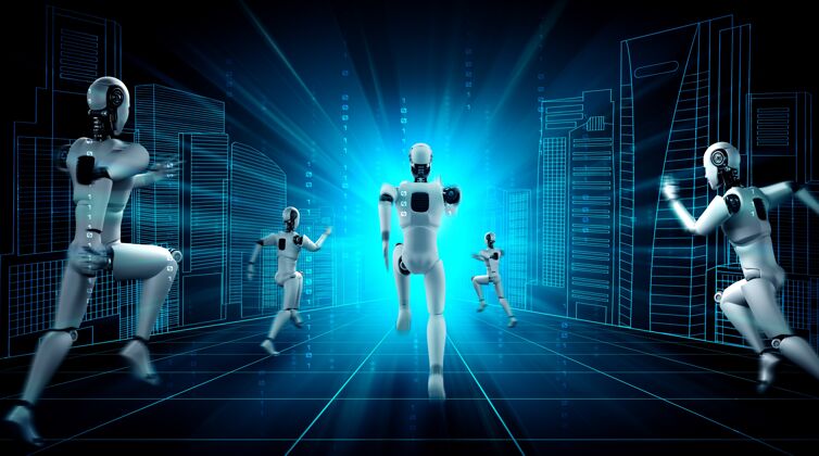 电子人运行机器人人形显示快速移动和活力赛车成功增强现实