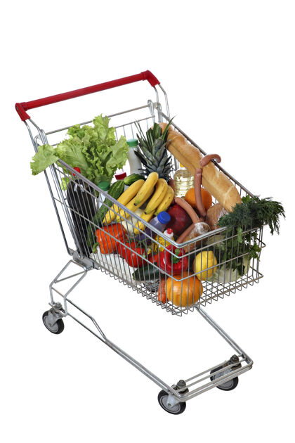 杂货装满了食物的购物车孤立在白色上超市草药手推车