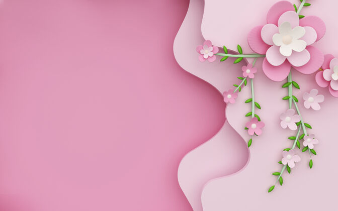 平铺抽象粉色背景的3d效果图 侧面有装饰花桌子春天浪漫