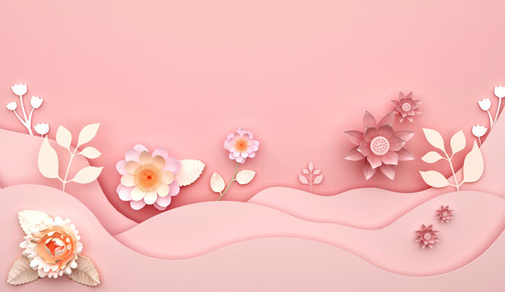 柔和的粉红色抽象粉色背景与花卉装饰的三维渲染渲染时尚彩色