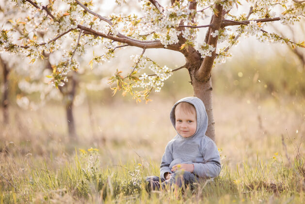 花穿着灰色运动衫 头戴风帽的金发小男孩坐在开花树下的绿草里阳光兜帽快乐