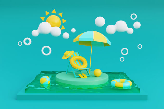 旅游带沙滩椅 伞和夏日元素的暑假概念3d渲染3d渲染夏季夏季元素现代