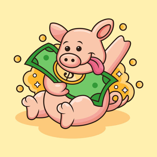 财富可爱猪带钱图标插图.动物吉祥物卡通人物可爱的姿势债务猪肉现金