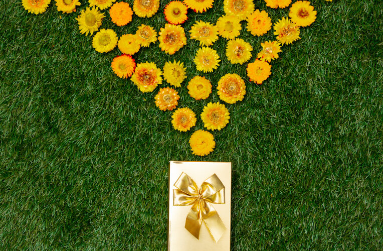 盒子黄色的蒲公英和绿草上的礼盒蒲公英顶部礼物