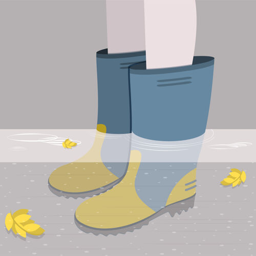 靴子穿着橡胶靴的女性双腿深陷水中卡通气候跳跃