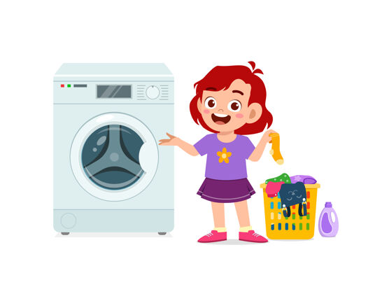 父母快乐可爱的孩子用洗衣机洗衣服家务房子清洁