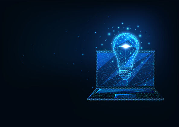 商业未来创意的商业概念与发光低多边形笔记本电脑和灯泡上的深蓝色背景.现代线框网设计线框高科技霓虹灯