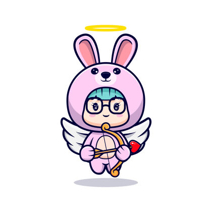标志可爱的女孩穿着带翅膀和箭的兔子服装兔子玩丘比特