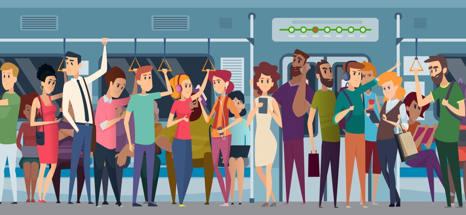 通勤地铁高峰小时人群在城市地铁里 每天都有人赶着上班 火车上的旅客带着电话和书 卡通人物地铁城市成人
