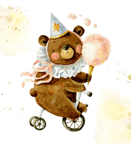 棉花糖复古生日快乐与可爱的熊在生日帽组成插画动物生日帽