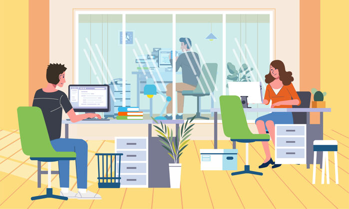 初创公司办公室内部 经理室与其他员工分开 所有员工都在办公桌上工作家具公司工作场所