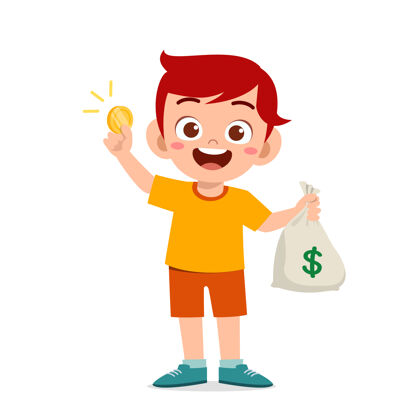 银行可爱的小男孩拎着一袋现金和硬币小猪商人钱盒子