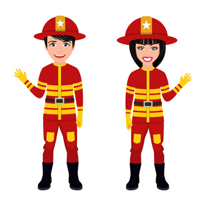 工作快乐可爱聪明的消防队员穿消防服和消防队员角色挥手孤立卡通女制服