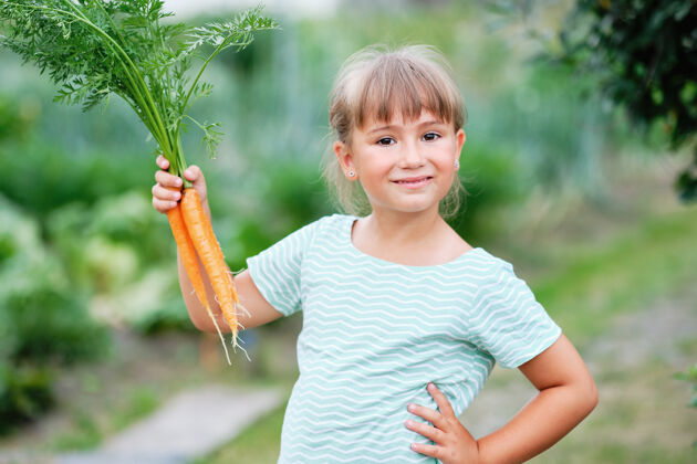 废物小女孩在厨房里摘胡萝卜花园.秋天蔬菜收获包装篮子生物