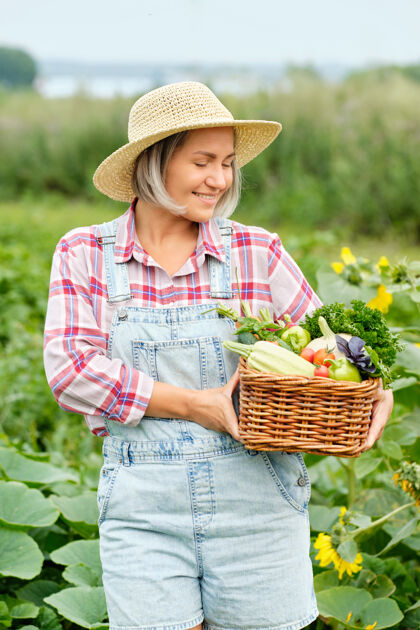 卷心菜女人手里拿着一篮子丰收的有机蔬菜和根上的有机生物农场.秋天蔬菜收获农产品蔬菜甜菜