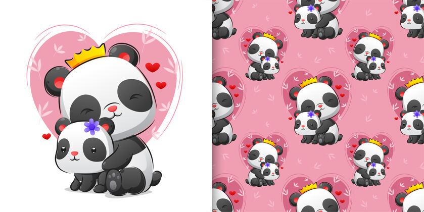 水彩画五颜六色的无缝可爱熊猫抱着宝宝充满爱的插画情人节手绘动物