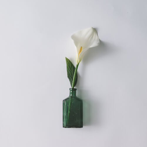 夏天绿色玻璃瓶中的白色马蹄莲花玻璃五颜六色花瓶
