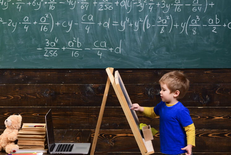 泰迪熊小孩子在上面写字黑板孩子在黑板前学数学方程式.smart学习数学的学生转身玩具聪明