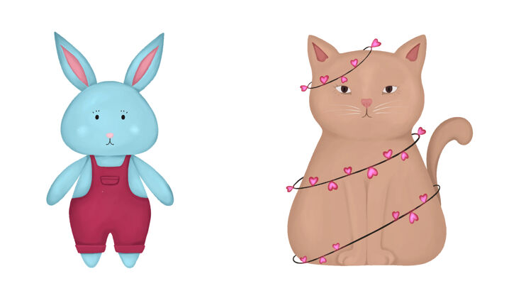 收藏一组穿着粉色裤子的蓝色兔子和一只戴花环的猫宠物心兔子