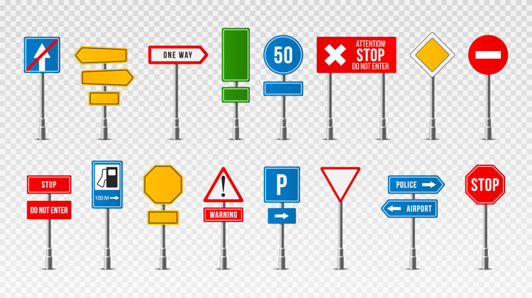 箭头一套逼真的交通标志插图设计显示广告牌运输