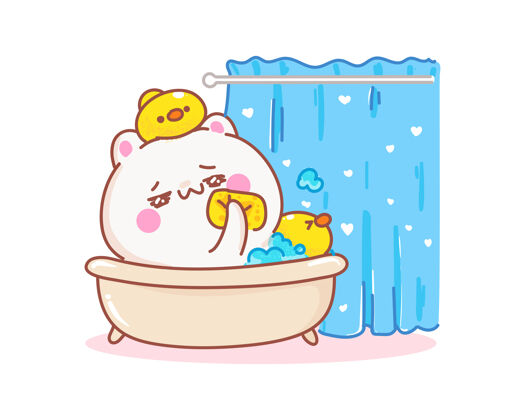 干净躺在浴缸里的猫和鸭子的卡通插画角色肥皂泡沫