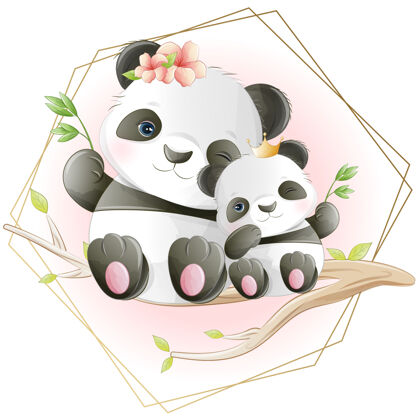 熊猫水彩画可爱的卡通小熊猫花水彩花卉卡通