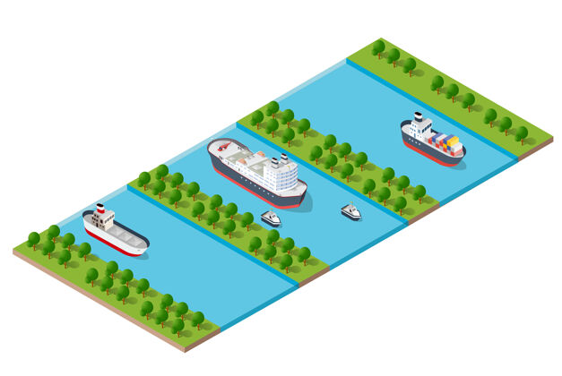 水等距现代水城路堤.示例交通路线 有车有船的街道巡航运输船