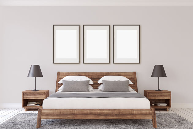 卧室内支架实体模型.木制卧室.3d渲染现代空的床