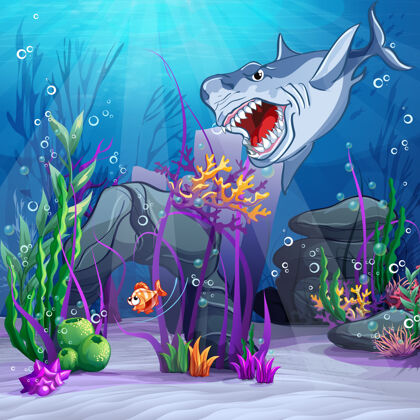 珊瑚水下世界和邪恶鲨鱼的插图插图水母鲨鱼