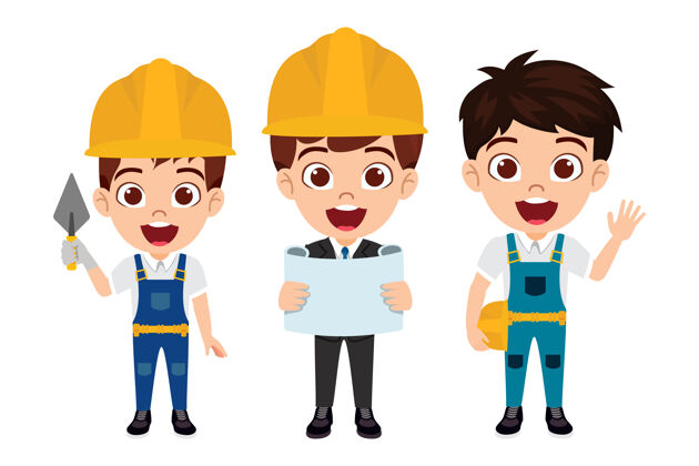 男性快乐可爱聪明的男孩角色穿着建筑工人服装 表情开朗 与工程师隔离制服劳工头盔
