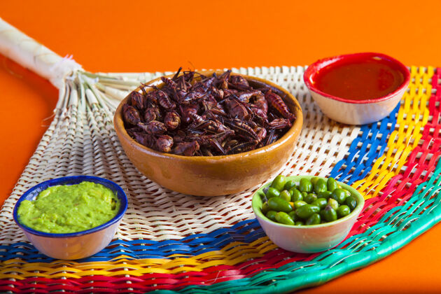 烤蚱蜢小吃.传统的墨西哥菜宏昆虫墨西哥